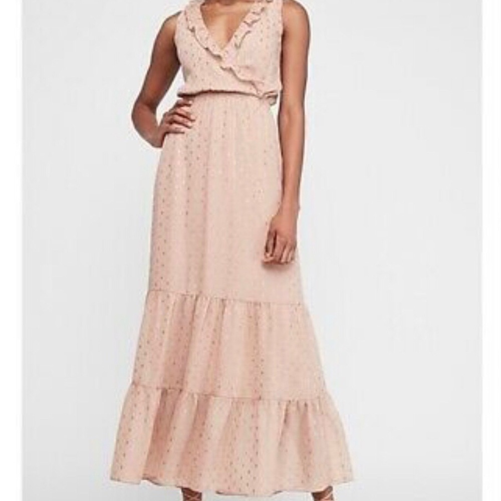 Express Metallic Clip Dot Ruffle Maxi Dress